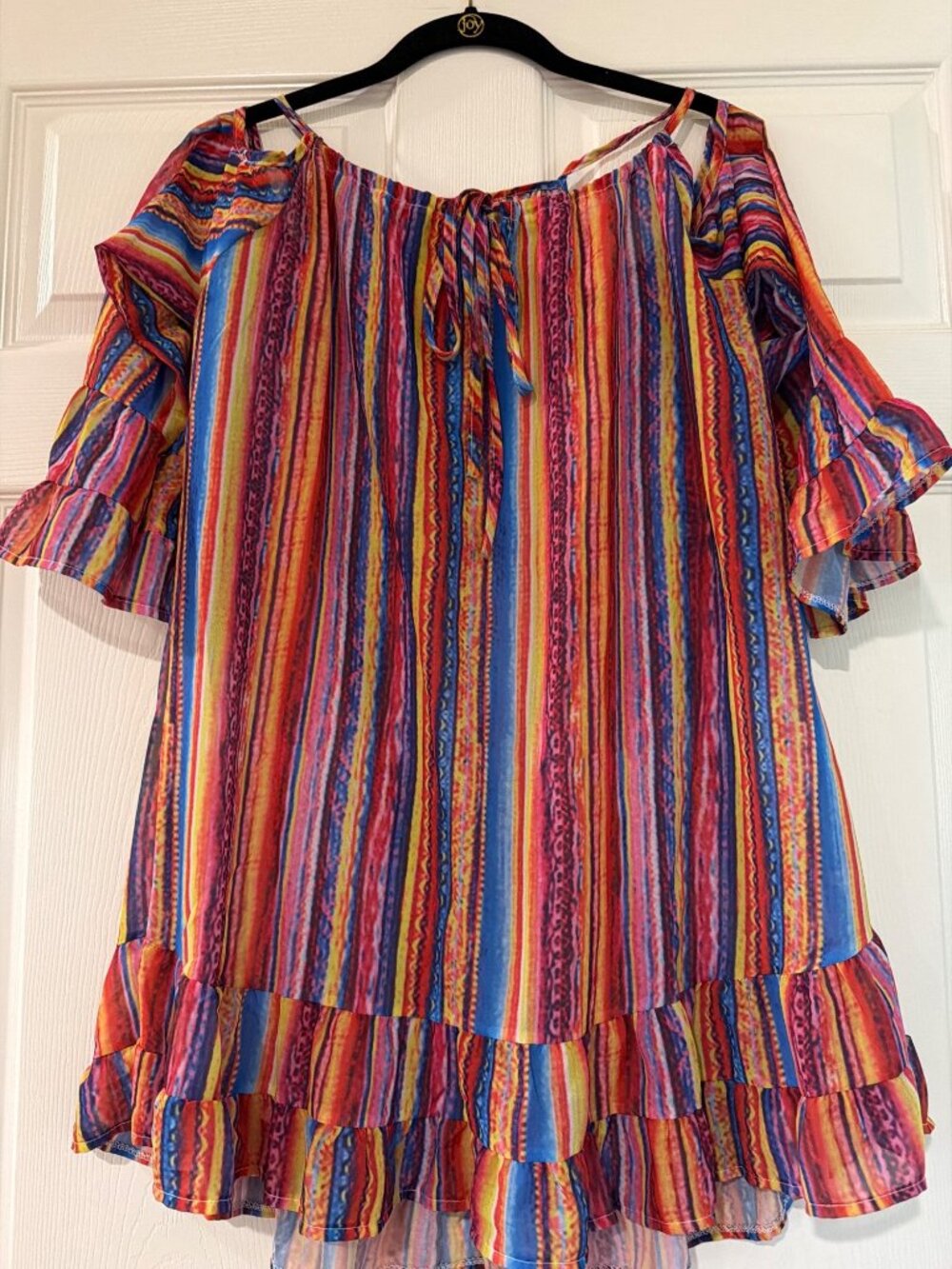 Colorful Striped Off-Shoulder Dress With Ruffle Hem And Sleeves Lightweight Summ